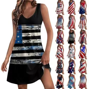 Женское повседневное летнее богемное пляжное платье с принтом и карманами, V-образным вырезом, платье-майка L синий