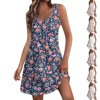 Женское повседневное летнее богемное пляжное платье с цветочным принтом и карманами, платье-майка с v-образным вырезом L синий