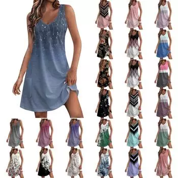 Женское повседневное летнее богемное пляжное платье с принтом и карманами, V-образным вырезом, платье-майка L бежевый