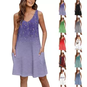 Женское повседневное летнее богемное пляжное платье с принтом и карманами, V-образным вырезом, платье-майка L чёрный