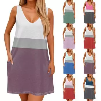 Женское повседневное летнее богемное пляжное платье с принтом и карманами, V-образным вырезом, платье-майка L синий