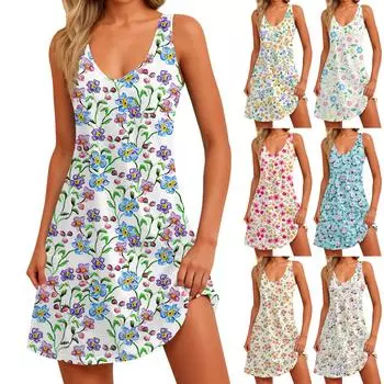 Женское повседневное летнее богемное пляжное платье с цветочным принтом и карманами, платье-майка с v-образным вырезом L зелёный