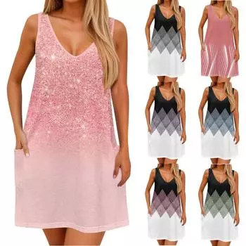 Женское повседневное летнее богемное пляжное платье с принтом и карманами, V-образным вырезом, платье-майка L розовый