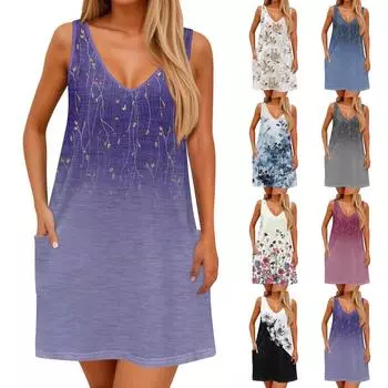 Женское повседневное летнее богемное пляжное платье с принтом и карманами, V-образным вырезом, платье-майка M