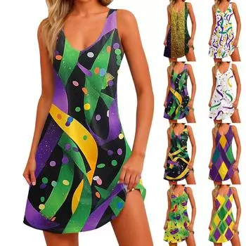 Женское повседневное летнее богемное пляжное платье с принтом и карманами, V-образным вырезом, платье-майка XXL золотой