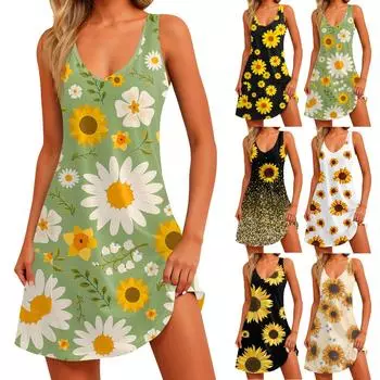 Женское повседневное летнее богемное пляжное платье с принтом и карманами, V-образным вырезом, платье-майка XXL белый