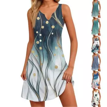 Женское повседневное летнее богемное пляжное платье с принтом и карманами, V-образным вырезом, платье-майка L синий