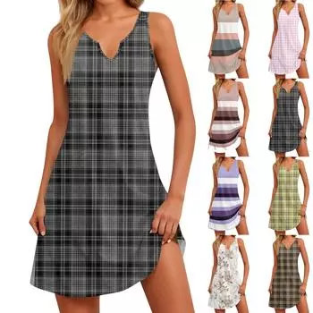 Женское повседневное летнее богемное пляжное платье с принтом и карманами, V-образным вырезом, платье-майка L бежевый