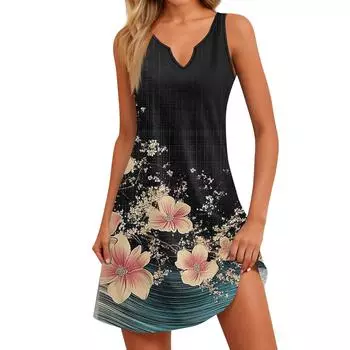 Женское повседневное летнее богемное пляжное платье с принтом и карманами, V-образным вырезом, платье-майка S