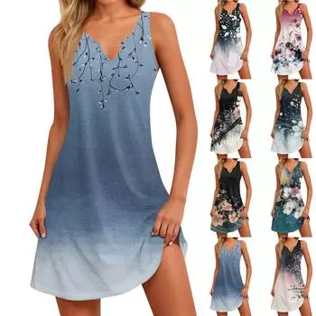 Женское повседневное летнее богемное пляжное платье с принтом и карманами, V-образным вырезом, платье-майка L чёрный