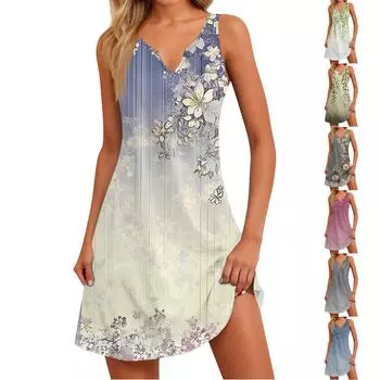 Женское повседневное летнее богемное пляжное платье с принтом и карманами, V-образным вырезом, платье-майка L синий