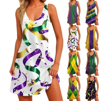 Женское повседневное летнее богемное пляжное платье с принтом и карманами, V-образным вырезом, платье-майка XXL золотой