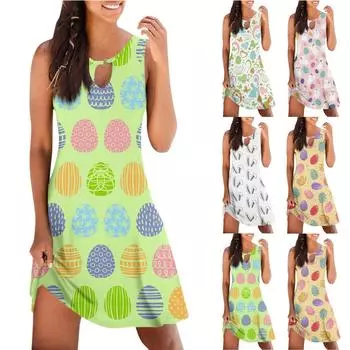 Женское повседневное летнее пасхальное платье без рукавов с принтом на бретелях, свободное пляжное платье L