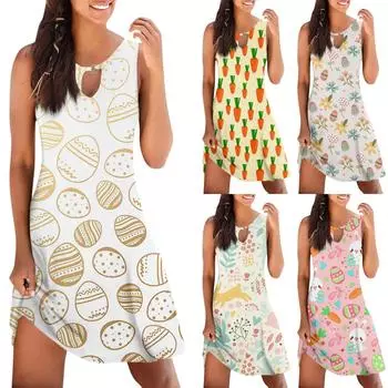 Женское повседневное летнее пасхальное платье без рукавов с принтом на бретелях, свободное пляжное платье L