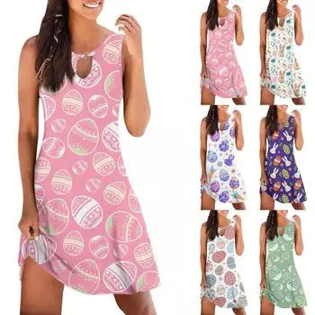 Женское повседневное летнее пасхальное платье без рукавов с принтом на бретелях, свободное пляжное платье L синий