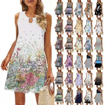 Женское повседневное летнее платье без рукавов с принтом, свободное пляжное платье с вырезами L чёрный