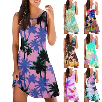 Женское повседневное летнее платье без рукавов с принтом, свободное пляжное платье с вырезами L чёрный