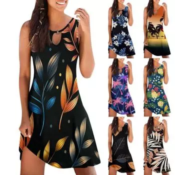 Женское повседневное летнее платье без рукавов с принтом, свободное пляжное платье с вырезами L чёрный