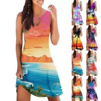 Женское повседневное летнее платье без рукавов с принтом, свободное пляжное платье с вырезами L чёрный