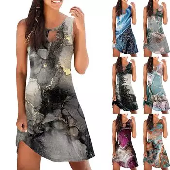 Женское повседневное летнее платье без рукавов с принтом, свободное пляжное платье с вырезами L