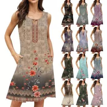 Женское повседневное летнее платье без рукавов с принтом, свободное пляжное платье с вырезами L