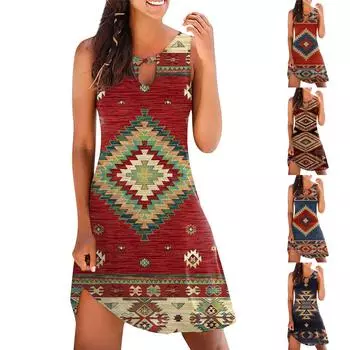 Женское повседневное летнее платье без рукавов с принтом, свободное пляжное платье с вырезами M тёмно-синий