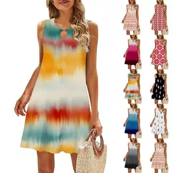 Женское повседневное летнее платье без рукавов с принтом, свободное пляжное платье с вырезами L чёрный