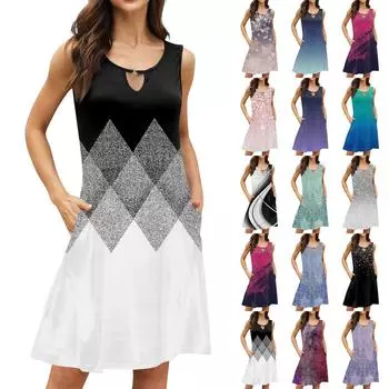 Женское повседневное летнее платье без рукавов с принтом, свободное пляжное платье с вырезами L чёрный