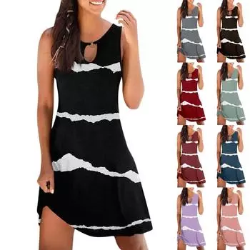 Женское повседневное летнее платье без рукавов с принтом, свободное пляжное платье с вырезами L чёрный