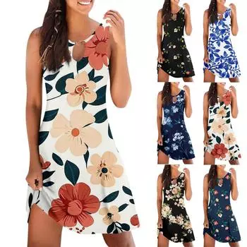 Женское повседневное летнее платье без рукавов с принтом, свободное пляжное платье с вырезами L чёрный