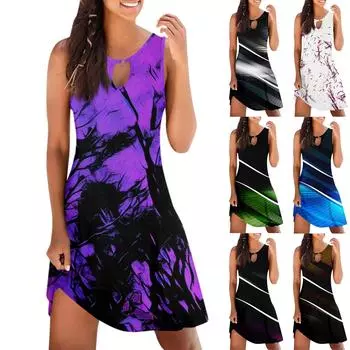 Женское повседневное летнее платье без рукавов с принтом, свободное пляжное платье с вырезами L чёрный