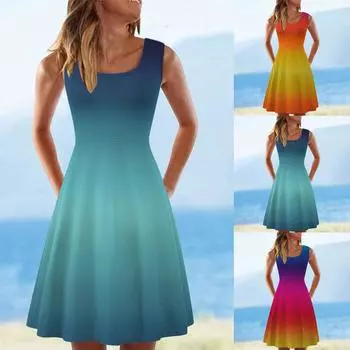 Женское повседневное летнее платье без рукавов до колена, плиссированные солнцезащитные платья, платье с градиентом и радужным цветочным принтом в стиле тай-дай XXL разноцветный