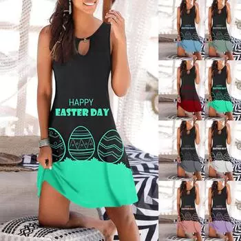 Женское повседневное летнее платье без рукавов с принтом, свободное пляжное платье с вырезами L синий