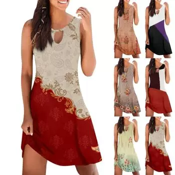 Женское повседневное летнее платье без рукавов с принтом, свободное пляжное платье с вырезами L