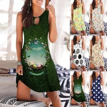 Женское повседневное летнее платье без рукавов с принтом, свободное пляжное платье с вырезами L бежевый