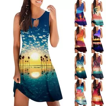 Женское повседневное летнее платье без рукавов с принтом, свободное пляжное платье с вырезами L синий