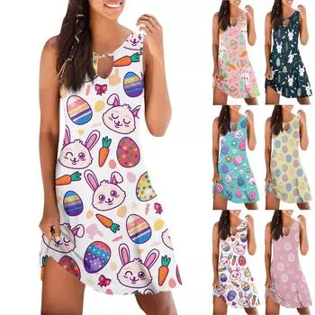 Женское повседневное летнее платье без рукавов с принтом, свободное пляжное платье с вырезами L синий