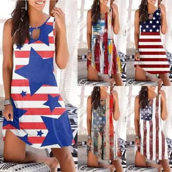 Женское повседневное летнее платье без рукавов с принтом на День независимости, свободное пляжное платье с вырезами S