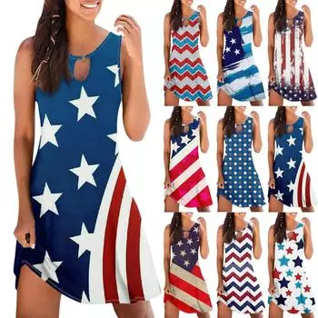 Женское повседневное летнее платье без рукавов с принтом, свободное пляжное платье с вырезами L синий