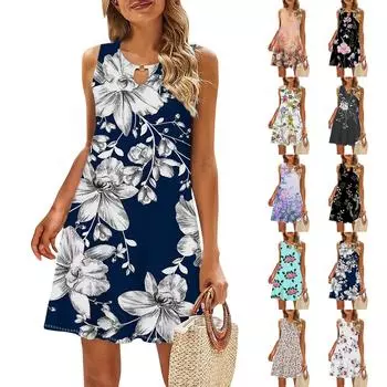 Женское повседневное летнее платье без рукавов с принтом, свободное пляжное платье с вырезами L чёрный