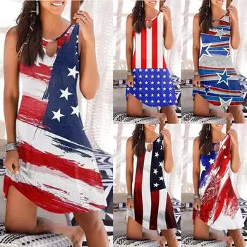 Женское повседневное летнее платье без рукавов с принтом на День независимости, свободное пляжное платье с вырезами XL синий