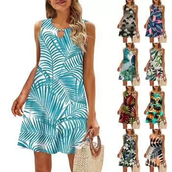 Женское повседневное летнее платье без рукавов с принтом, свободное пляжное платье с вырезами L коричневый