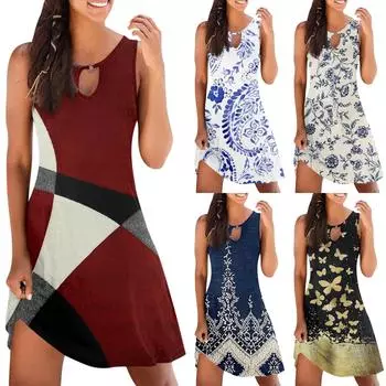 Женское повседневное летнее платье без рукавов с принтом, свободное пляжное платье с вырезами S