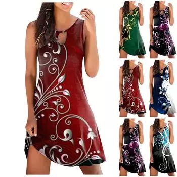 Женское повседневное летнее платье без рукавов с принтом, свободное пляжное платье с вырезами M чёрный