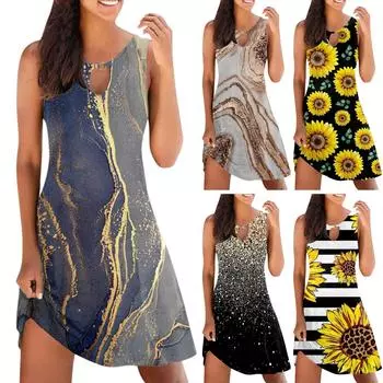 Женское повседневное летнее платье без рукавов с принтом, свободное пляжное платье с вырезами XXL чёрный