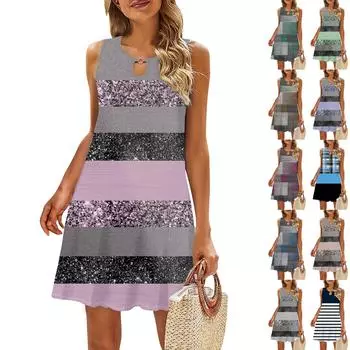 Женское повседневное летнее платье без рукавов с принтом, свободное пляжное платье с вырезами L