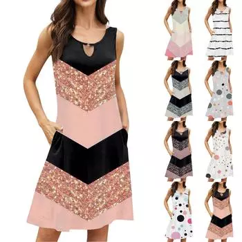 Женское повседневное летнее платье без рукавов с принтом, свободное пляжное платье с вырезами L