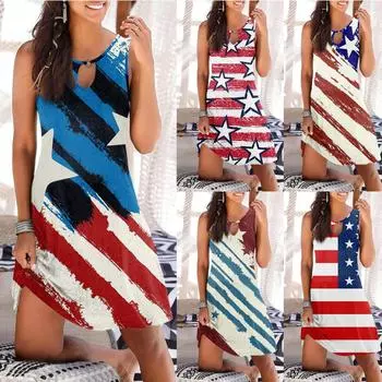 Женское повседневное летнее платье без рукавов с принтом на День независимости, свободное пляжное платье с вырезами L синий