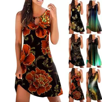 Женское повседневное летнее платье без рукавов с принтом, свободное пляжное платье с вырезами S чёрный