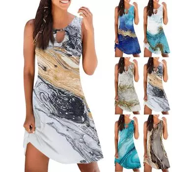 Женское повседневное летнее платье без рукавов с принтом, свободное пляжное платье с вырезами XXL